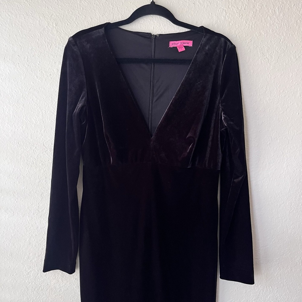 Betsey Johnson Midi Dress Womens Black Velvet V-Neck Long Sleeve Slit 12